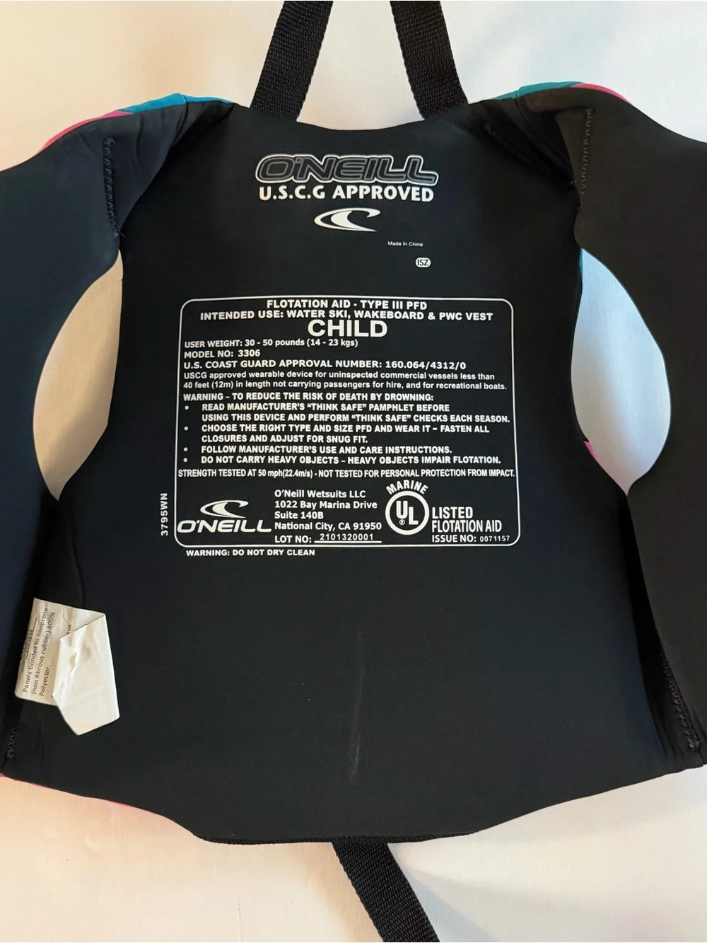 O’Neill Child Life Vest Jacket 30-50 LBS Buckle USCG Approved Floatation Aid